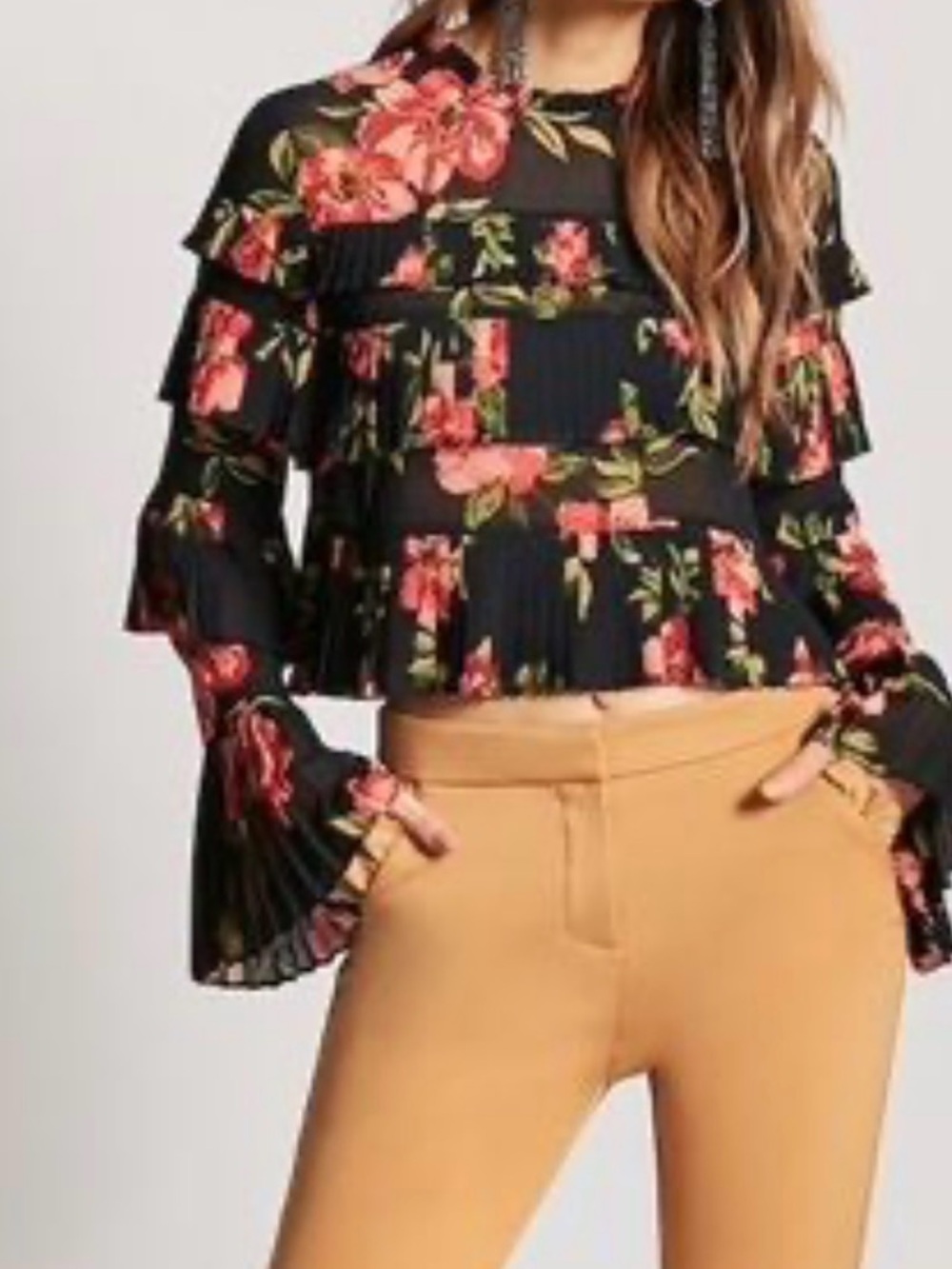 Forever 21 Black Floral Ruffle Cropped Blouse